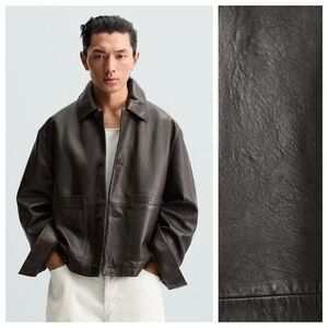 NWT. Zara Brown Leather Regular Fit Jacket with Pockets. Size M.